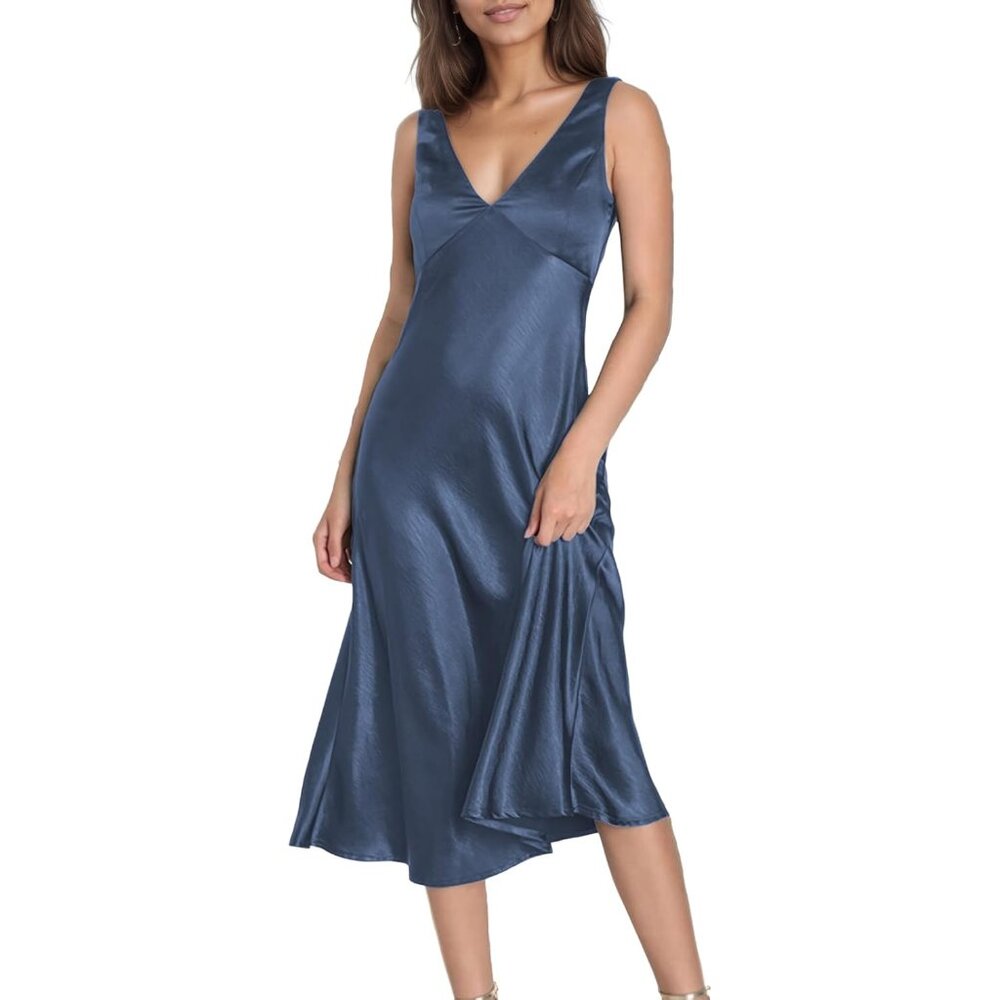 Satin V Neck Backless Midi Dress Women Summer Sleeveless Formal Party